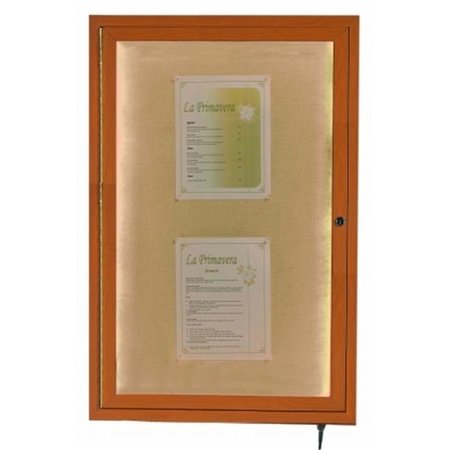 AARCO Aarco Products  Inc. LWL3624O Indoor/Outdoor LED Lighted Display Case with Oak Wood-Look Finish. Posting Surface is Neutral Burlap Weave Vinyl. 36 in.Hx24 in.W. One Door. LWL3624O